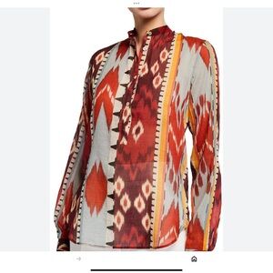 Red and Orange Graphic Long Sleeve Blouse with Mandarin Collar
